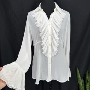 White Ruffle Button Up Edwardian Victorian Top S Romantic Regency Fairy Sheer